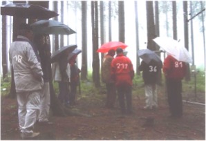 Laempel-Kicker Eine Gruppe Menschen mit Regenschirm in einem Wald